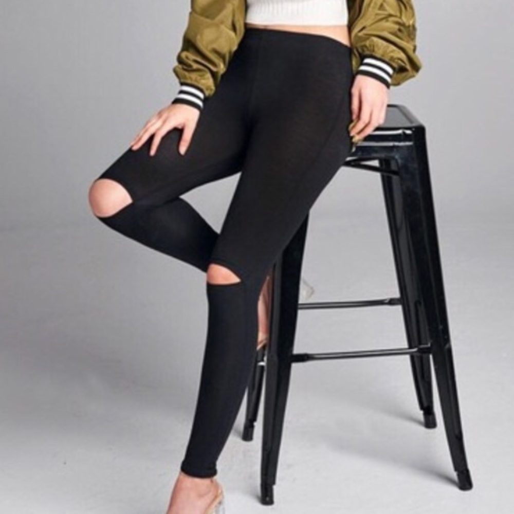LAST 1🖤 knee slit Leggings black trendy - Picture 2 of 5